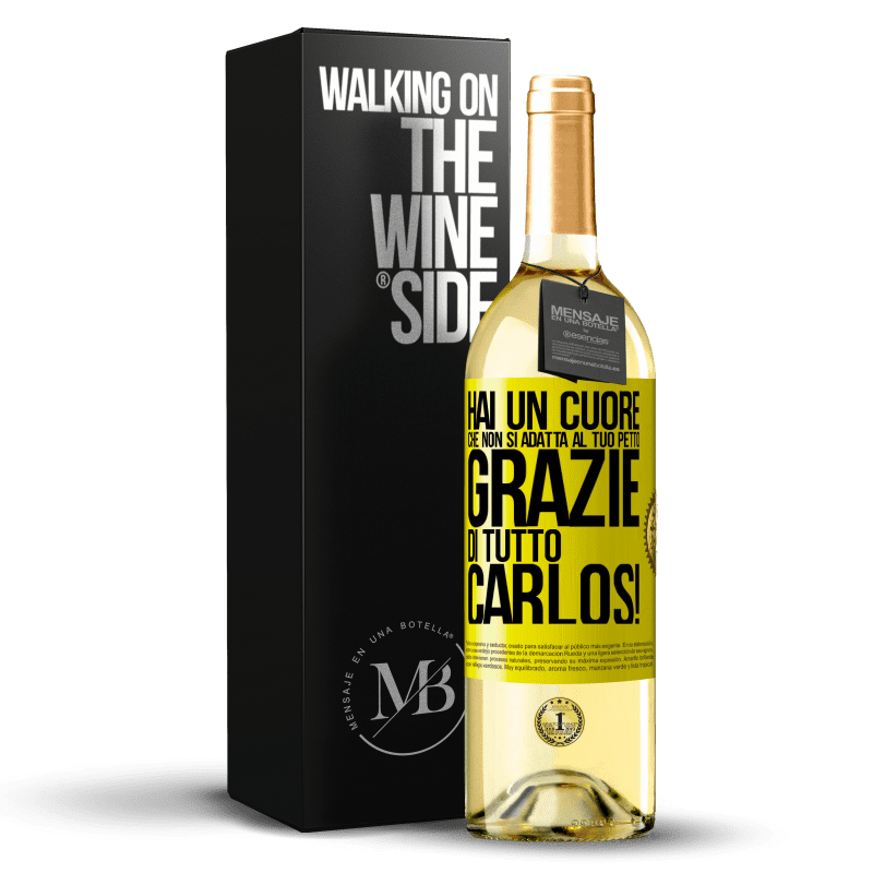 29,95 € Spedizione Gratuita | Vino bianco Edizione WHITE Hai un cuore che non si adatta al tuo petto. Grazie di tutto, Carlos! Etichetta Gialla. Etichetta personalizzabile Vino giovane Raccogliere 2024 Verdejo