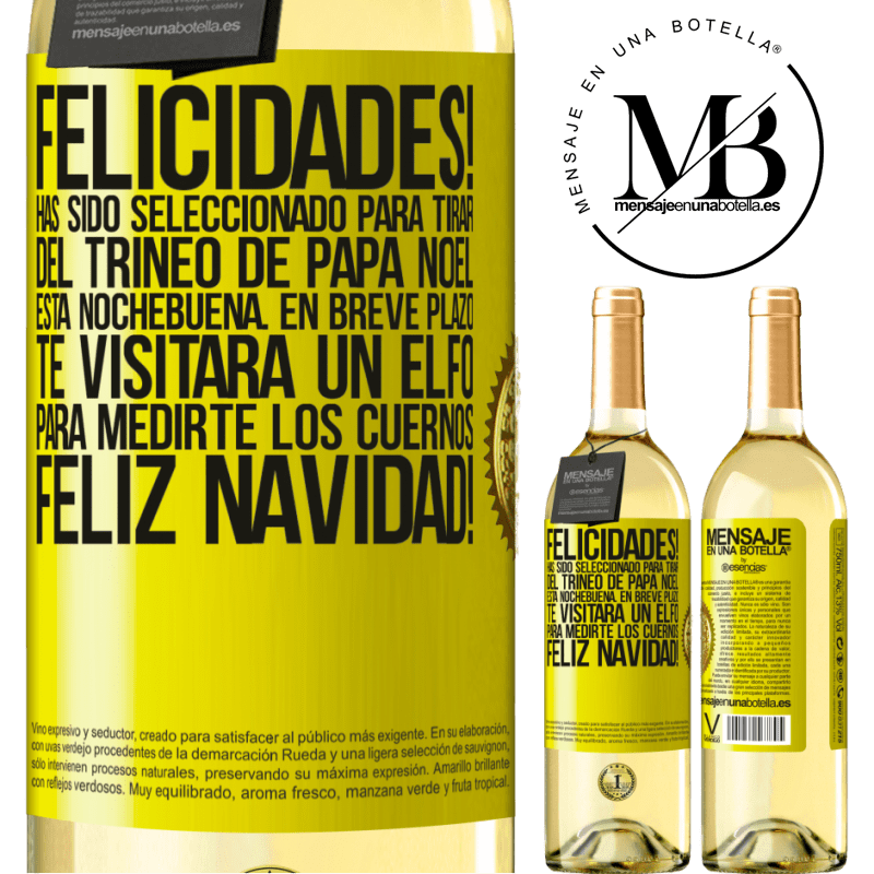 29,95 € Envío gratis | Vino Blanco Edición WHITE Felicidades! Has sido seleccionado para tirar del trineo de Papá Noel esta nochebuena. En breve plazo te visitará un elfo Etiqueta Amarilla. Etiqueta personalizable Vino joven Cosecha 2023 Verdejo