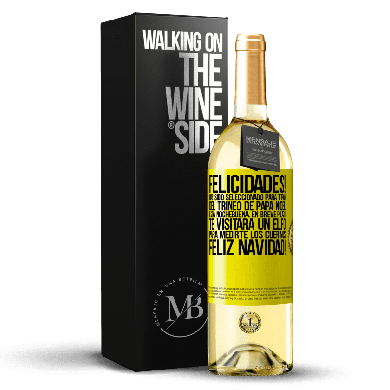 29,95 € Envío gratis | Vino Blanco Edición WHITE Felicidades! Has sido seleccionado para tirar del trineo de Papá Noel esta nochebuena. En breve plazo te visitará un elfo Etiqueta Amarilla. Etiqueta personalizable Vino joven Cosecha 2023 Verdejo