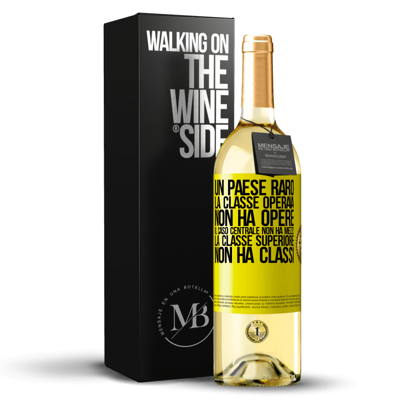 29,95 € Spedizione Gratuita | Vino bianco Edizione WHITE Un paese raro: la classe operaia non ha opere, il caso centrale non ha mezzi, la classe superiore non ha classi Etichetta Gialla. Etichetta personalizzabile Vino giovane Raccogliere 2024 Verdejo