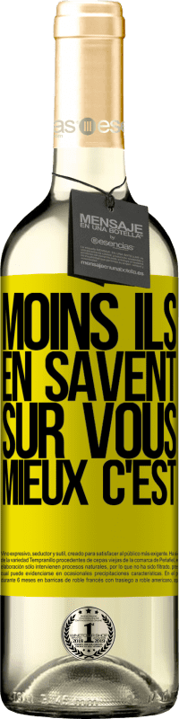 29,95 € Envoi gratuit | Vin blanc Édition WHITE Moins ils en savent sur vous, mieux c'est Étiquette Jaune. Étiquette personnalisable Vin jeune Récolte 2025 Verdejo