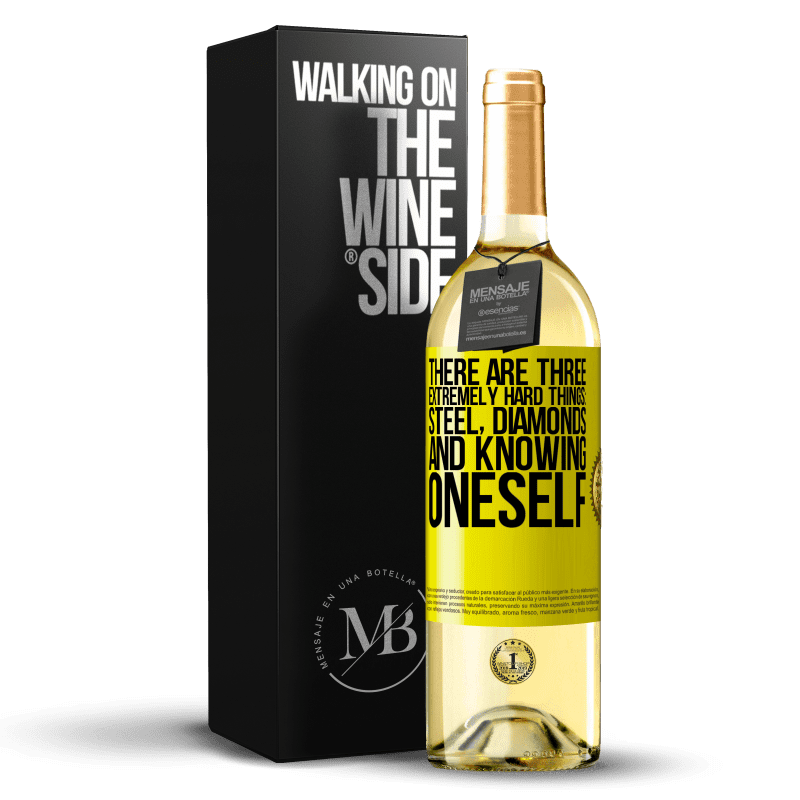 29,95 € Free Shipping | White Wine WHITE Edition There are three extremely hard things: steel, diamonds, and knowing oneself Yellow Label. Customizable label Young wine Harvest 2023 Verdejo
