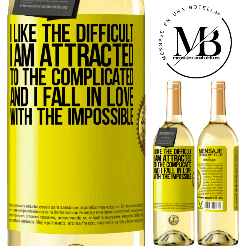 29,95 € Free Shipping | White Wine WHITE Edition I like the difficult, I am attracted to the complicated, and I fall in love with the impossible Yellow Label. Customizable label Young wine Harvest 2022 Verdejo