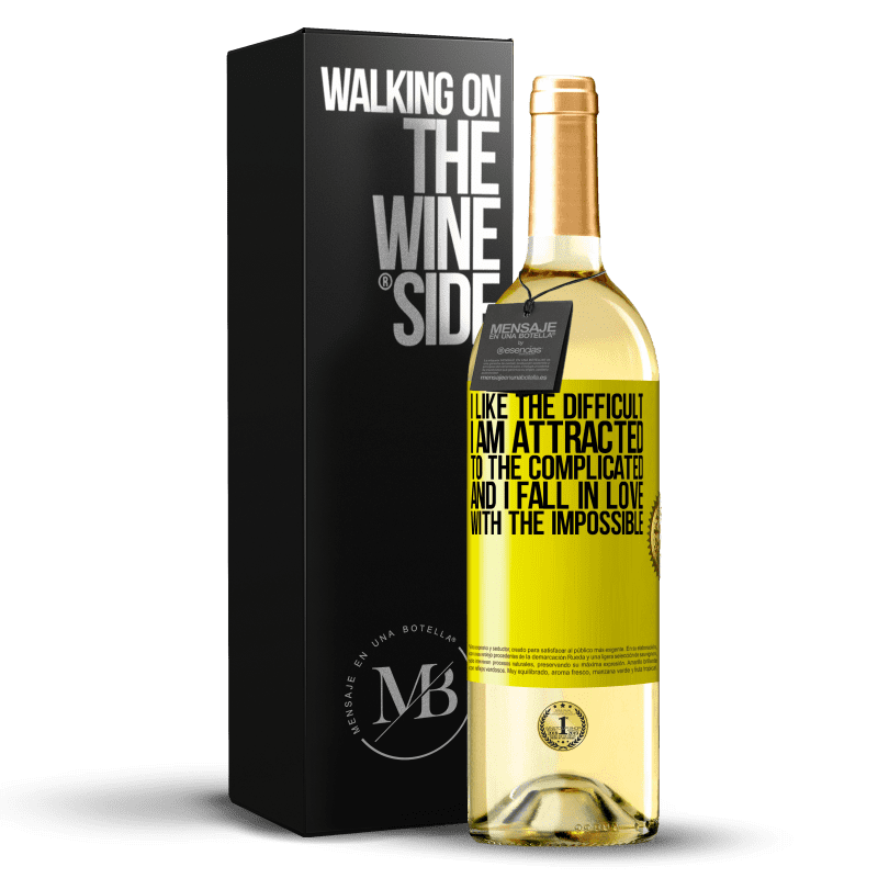 29,95 € Free Shipping | White Wine WHITE Edition I like the difficult, I am attracted to the complicated, and I fall in love with the impossible Yellow Label. Customizable label Young wine Harvest 2023 Verdejo