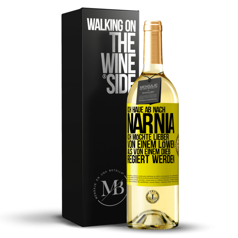 29,95 € Kostenloser Versand | Weißwein WHITE Ausgabe Ich haue ab nach Narnia. Ich möchte lieber von einem Löwen als von einem Dieb regiert werden Gelbes Etikett. Anpassbares Etikett Junger Wein Ernte 2023 Verdejo