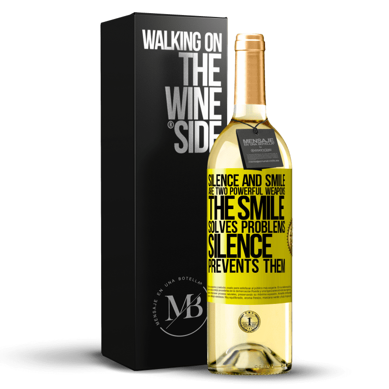 29,95 € Free Shipping | White Wine WHITE Edition Silence and smile are two powerful weapons. The smile solves problems, silence prevents them Yellow Label. Customizable label Young wine Harvest 2023 Verdejo