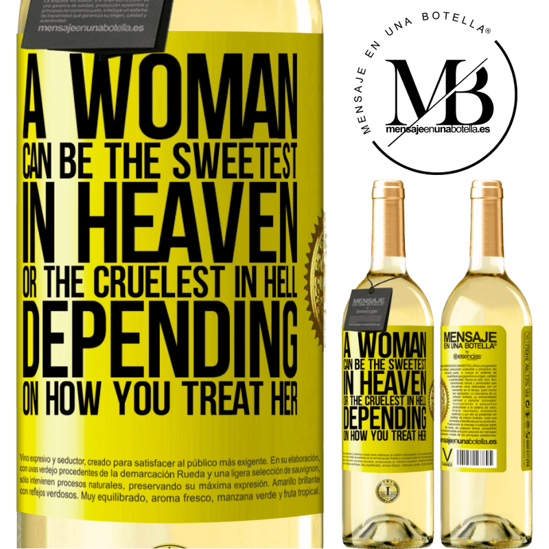29,95 € Free Shipping | White Wine WHITE Edition A woman can be the sweetest in heaven, or the cruelest in hell, depending on how you treat her Yellow Label. Customizable label Young wine Harvest 2022 Verdejo