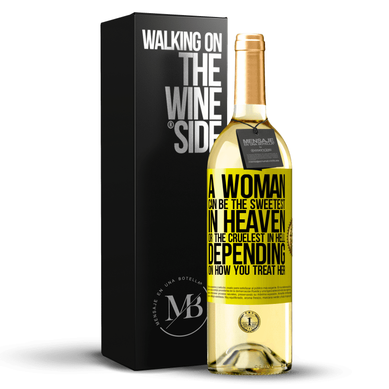 29,95 € Free Shipping | White Wine WHITE Edition A woman can be the sweetest in heaven, or the cruelest in hell, depending on how you treat her Yellow Label. Customizable label Young wine Harvest 2023 Verdejo