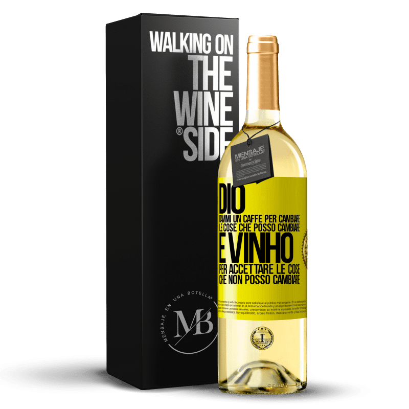 29,95 € Spedizione Gratuita | Vino bianco Edizione WHITE Dio, dammi il caffè per cambiare le cose che posso cambiare, ed è arrivato ad accettare le cose che non posso cambiare Etichetta Gialla. Etichetta personalizzabile Vino giovane Raccogliere 2024 Verdejo