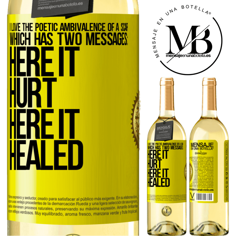29,95 € Free Shipping | White Wine WHITE Edition I love the poetic ambivalence of a scar, which has two messages: here it hurt, here it healed Yellow Label. Customizable label Young wine Harvest 2022 Verdejo