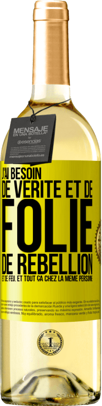 29,95 € | Vin blanc Édition WHITE J'ai besoin de vérité et de folie, de rébellion et de feu. Et tout ça chez la même personne Étiquette Jaune. Étiquette personnalisable Vin jeune Récolte 2024 Verdejo