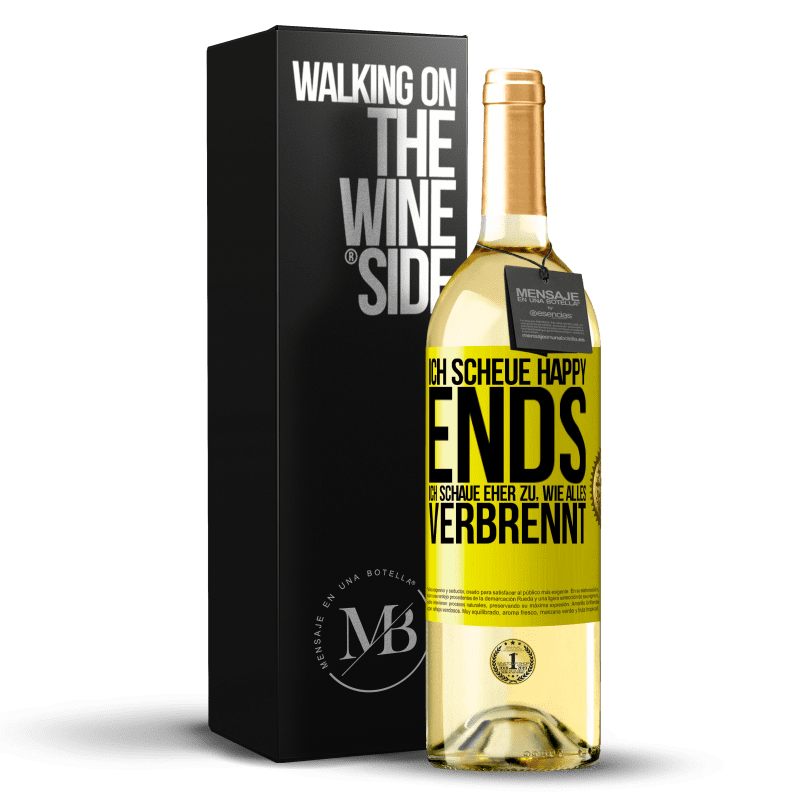 29,95 € Kostenloser Versand | Weißwein WHITE Ausgabe Ich scheue Happy Ends, ich schaue eher zu, wie alles verbrennt Gelbes Etikett. Anpassbares Etikett Junger Wein Ernte 2023 Verdejo