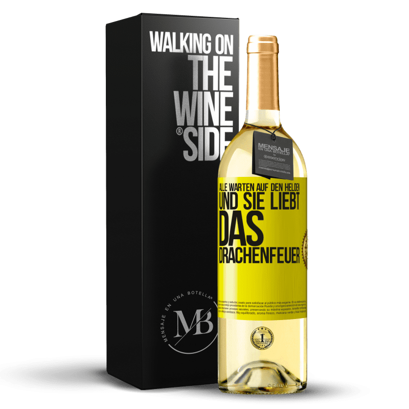 29,95 € Kostenloser Versand | Weißwein WHITE Ausgabe Alle warten auf den Helden und sie liebt das Drachenfeuer Gelbes Etikett. Anpassbares Etikett Junger Wein Ernte 2023 Verdejo
