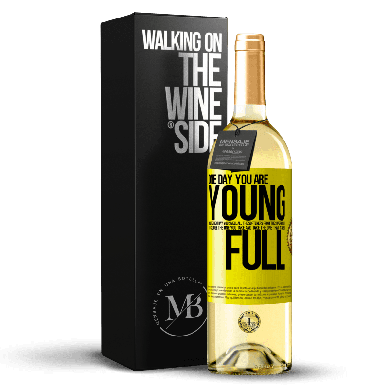 29,95 € Free Shipping | White Wine WHITE Edition One day you are young and the next day, you smell all the softeners from the supermarket to choose the one you take and take Yellow Label. Customizable label Young wine Harvest 2024 Verdejo