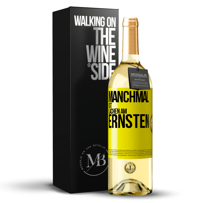 29,95 € Kostenloser Versand | Weißwein WHITE Ausgabe Manchmal ist Lachen am ernsten Gelbes Etikett. Anpassbares Etikett Junger Wein Ernte 2023 Verdejo