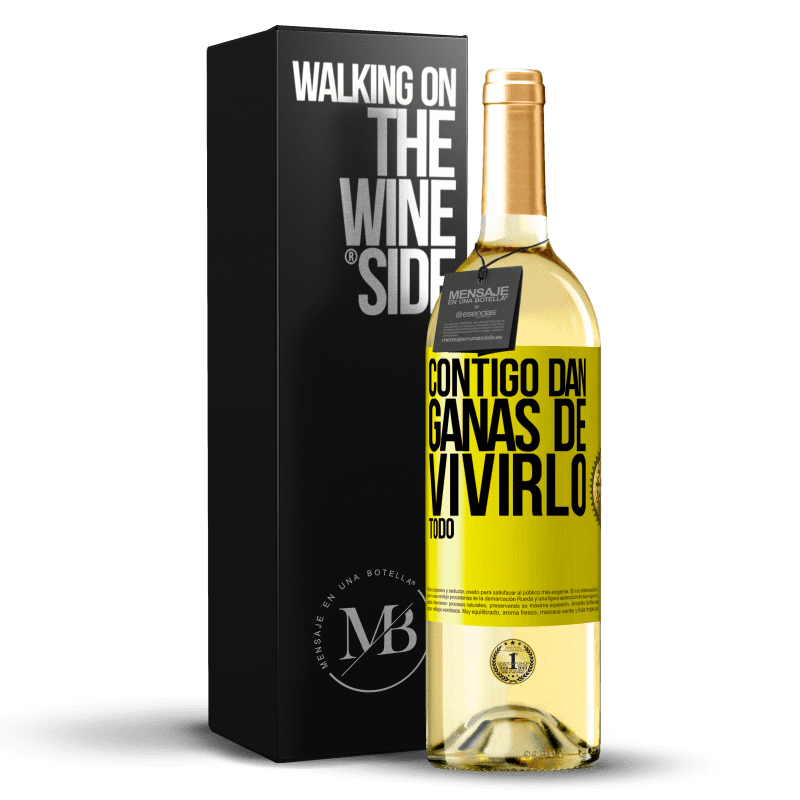 29,95 € Envío gratis | Vino Blanco Edición WHITE Contigo dan ganas de vivirlo todo Etiqueta Amarilla. Etiqueta personalizable Vino joven Cosecha 2023 Verdejo