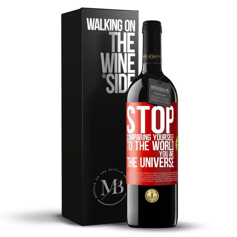 24,95 € Free Shipping | Red Wine RED Edition Crianza 6 Months Stop comparing yourself to the world, you are the universe Red Label. Customizable label Aging in oak barrels 6 Months Harvest 2019 Tempranillo