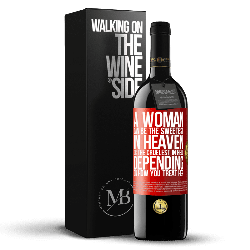 29,95 € Free Shipping | Red Wine RED Edition Crianza 6 Months A woman can be the sweetest in heaven, or the cruelest in hell, depending on how you treat her Red Label. Customizable label Aging in oak barrels 6 Months Harvest 2020 Tempranillo