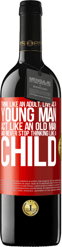 39,95 € Free Shipping | Red Wine RED Edition MBE Reserve Think like an adult, live as a young man, act like an old man and never stop thinking like a child Red Label. Customizable label Reserve 12 Months Harvest 2016 Tempranillo