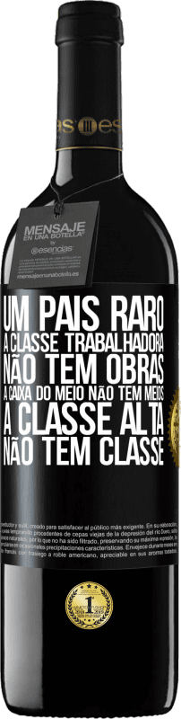 39,95 € | Vinho tinto Edição RED MBE Reserva Um país raro: a classe trabalhadora não tem obras, a caixa do meio não tem meios, a classe alta não tem classe Etiqueta Preta. Etiqueta personalizável Reserva 12 Meses Colheita 2015 Tempranillo