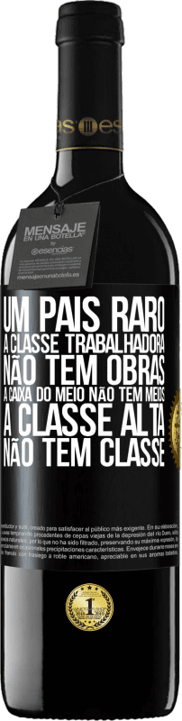 39,95 € | Vinho tinto Edição RED MBE Reserva Um país raro: a classe trabalhadora não tem obras, a caixa do meio não tem meios, a classe alta não tem classe Etiqueta Preta. Etiqueta personalizável Reserva 12 Meses Colheita 2016 Tempranillo