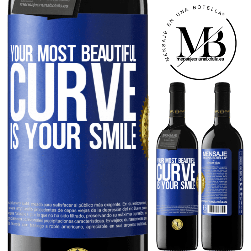 24,95 € Free Shipping | Red Wine RED Edition Crianza 6 Months Your most beautiful curve is your smile Blue Label. Customizable label Aging in oak barrels 6 Months Harvest 2019 Tempranillo