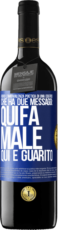 39,95 € | Vino rosso Edizione RED MBE Riserva Adoro l'ambivalenza poetica di una cicatrice, che ha due messaggi: qui fa male, qui è guarito Etichetta Blu. Etichetta personalizzabile Riserva 12 Mesi Raccogliere 2016 Tempranillo