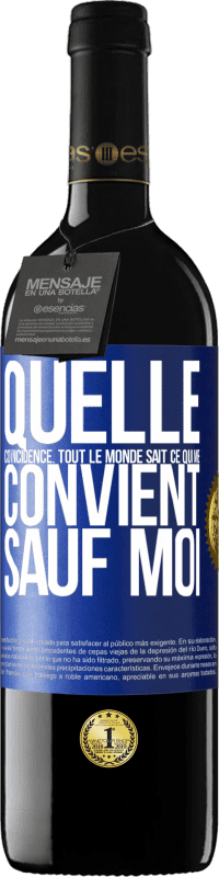 39,95 € | Vin rouge Édition RED MBE Réserve Quelle coïncidence. Tout le monde sait ce qui me convient sauf moi Étiquette Bleue. Étiquette personnalisable Réserve 12 Mois Récolte 2015 Tempranillo