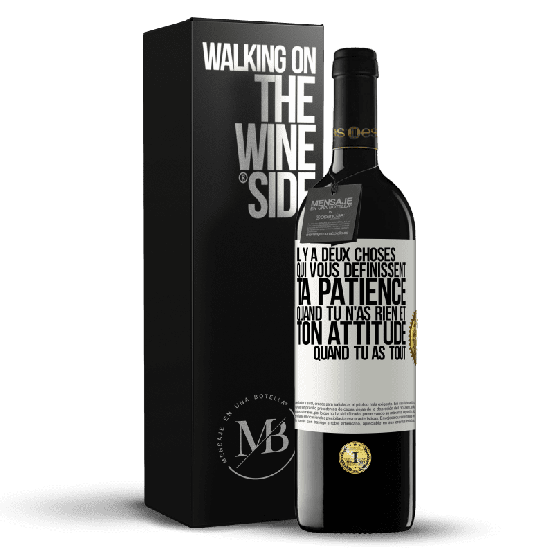 39,95 € Envoi gratuit | Vin rouge Édition RED MBE Réserve Il y a deux choses qui vous définissent. Ta patience quand tu n'as rien et ton attitude quand tu as tout Étiquette Blanche. Étiquette personnalisable Réserve 12 Mois Récolte 2016 Tempranillo