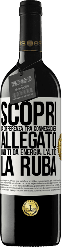 39,95 € | Vino rosso Edizione RED MBE Riserva Scopri la differenza tra connessione e allegato. Uno ti dà energia, l'altro la ruba Etichetta Bianca. Etichetta personalizzabile Riserva 12 Mesi Raccogliere 2015 Tempranillo