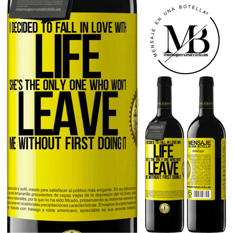 24,95 € Free Shipping | Red Wine RED Edition Crianza 6 Months I decided to fall in love with life. She's the only one who won't leave me without first doing it Yellow Label. Customizable label Aging in oak barrels 6 Months Harvest 2019 Tempranillo