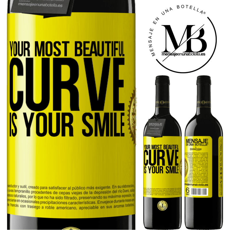 24,95 € Free Shipping | Red Wine RED Edition Crianza 6 Months Your most beautiful curve is your smile Yellow Label. Customizable label Aging in oak barrels 6 Months Harvest 2019 Tempranillo