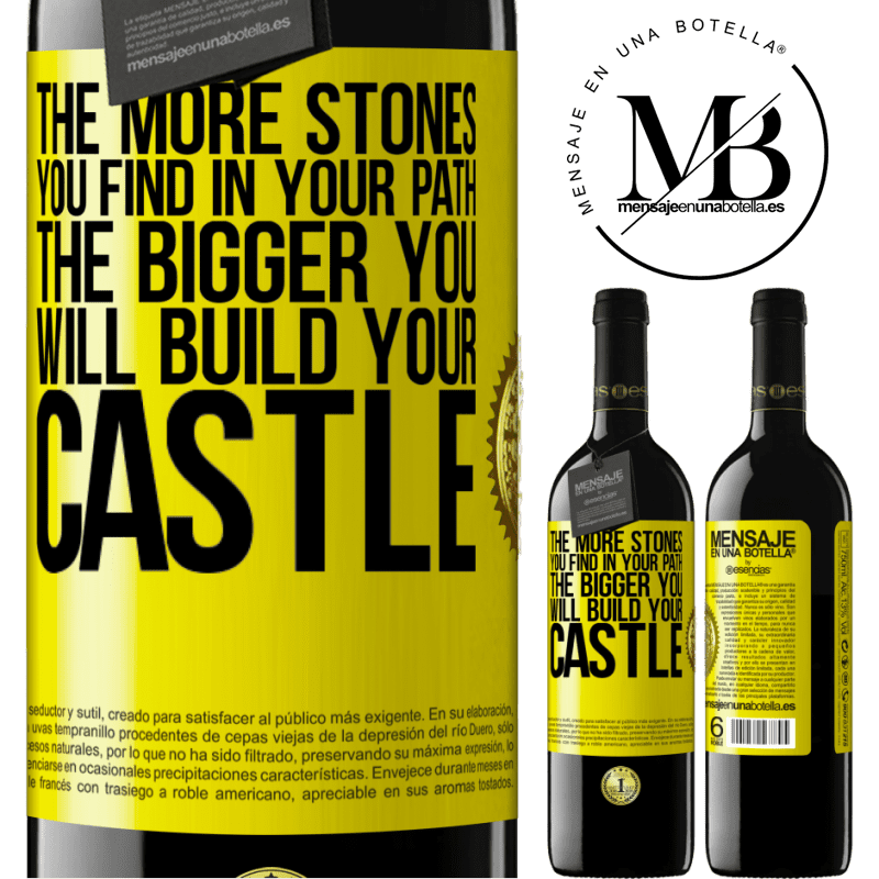 24,95 € Free Shipping | Red Wine RED Edition Crianza 6 Months The more stones you find in your path, the bigger you will build your castle Yellow Label. Customizable label Aging in oak barrels 6 Months Harvest 2019 Tempranillo