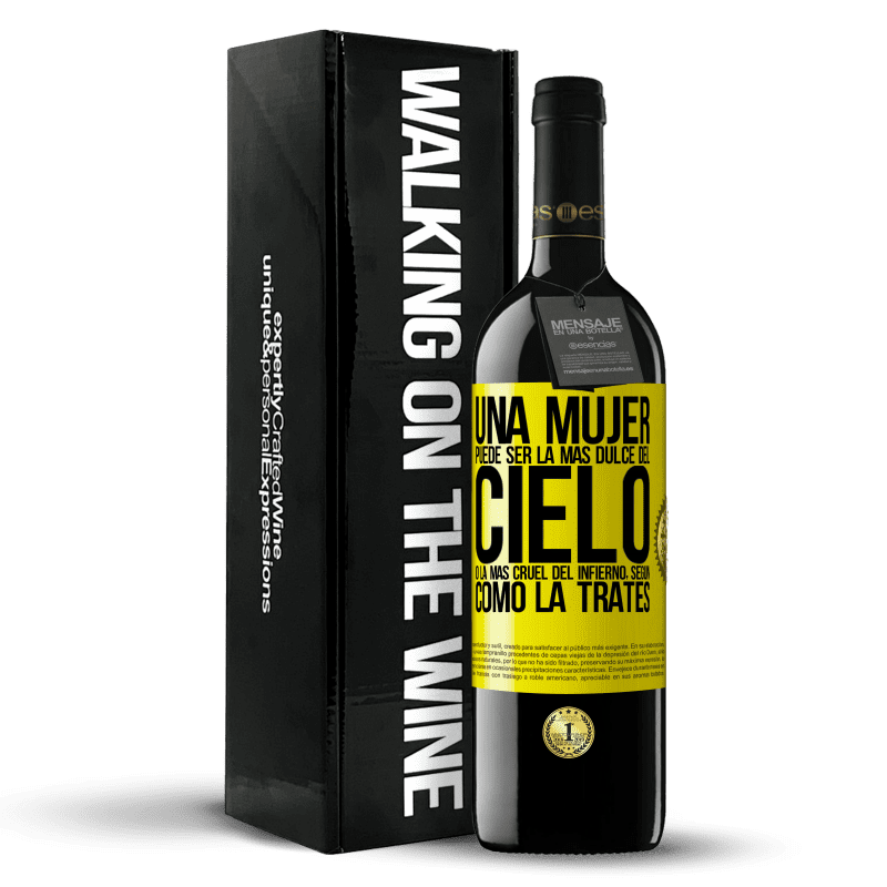 39,95 € Envío gratis | Vino Tinto Edición RED MBE Reserva Una mujer puede ser la más dulce del cielo, o la más cruel del infierno, según como la trates Etiqueta Amarilla. Etiqueta personalizable Reserva 12 Meses Cosecha 2015 Tempranillo