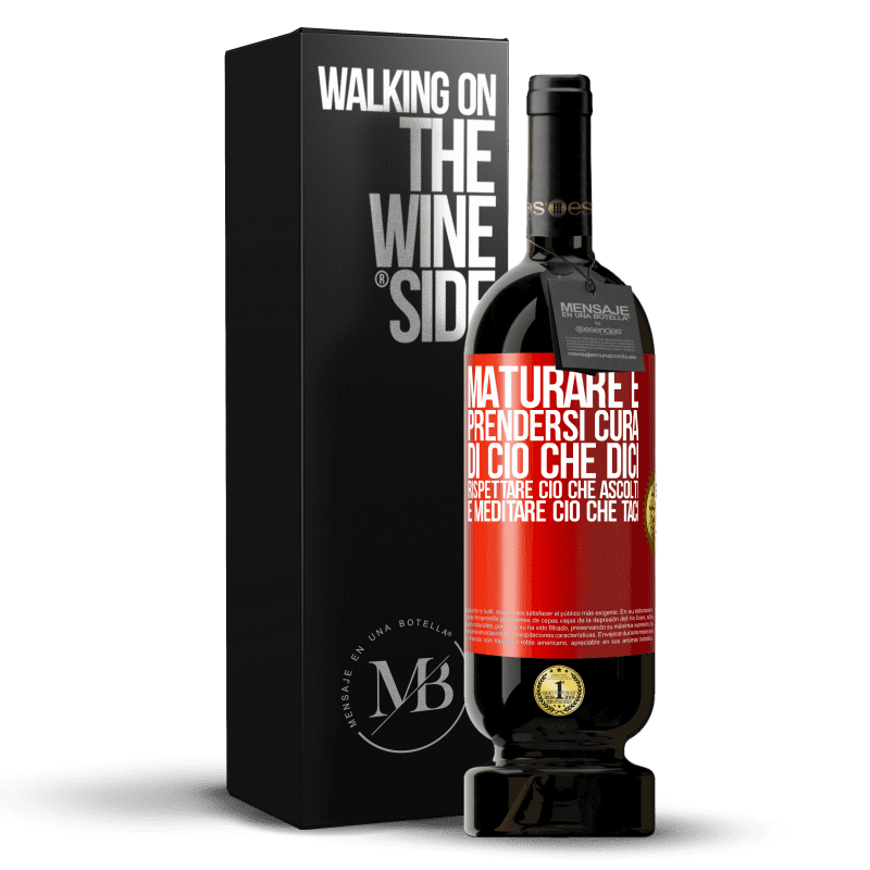 49,95 € Spedizione Gratuita | Vino rosso Edizione Premium MBS® Riserva Maturare è prendersi cura di ciò che dici, rispettare ciò che ascolti e meditare ciò che taci Etichetta Rossa. Etichetta personalizzabile Riserva 12 Mesi Raccogliere 2016 Tempranillo