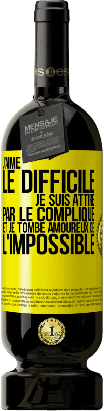 49,95 € | Vin rouge Édition Premium MBS® Réserve J'aime le difficile, je suis attiré par le compliqué et je tombe amoureux de l'impossible Étiquette Jaune. Étiquette personnalisable Réserve 12 Mois Récolte 2014 Tempranillo