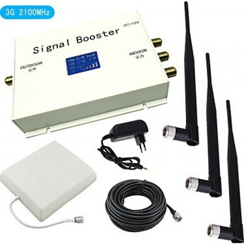 Signal Boosters Mobile phone signal booster. Whip and panel antenna kit. White color. LCD Display 3G