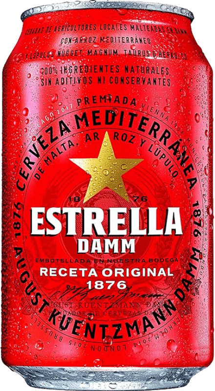 26,95 € | Caja de 24 unidades Cerveza Estrella Damm Lager, Mediterranean — Mediterránea España Lata 33 cl