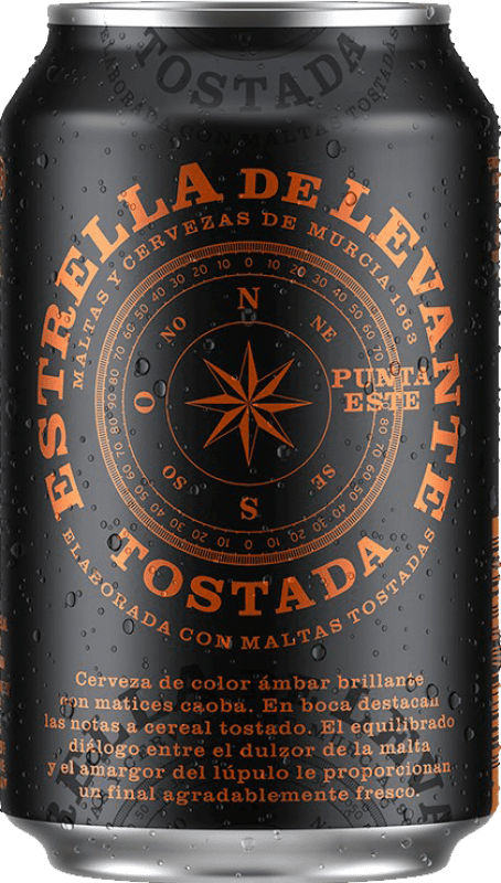 Kostenloser Versand | 24 Einheiten Box Bier Estrella de Levante Punta Este Tostada Spanien Alu-Dose 33 cl