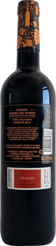 10,95 € | Red wine Thesaurus Fortaleza de Trigueros Crianza D.O. Ribera del Duero Castilla y León Spain Tempranillo Bottle 75 cl