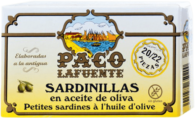 3,95 € Envio grátis | Conservas de Pescado Conservera Gallega Paco Lafuente Sardinillas en Aceite de Oliva 20/25 Peças