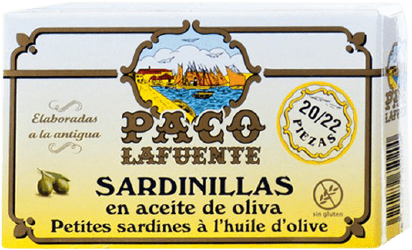 Spedizione Gratuita | Conservas de Pescado Conservera Gallega Paco Lafuente Sardinillas en Aceite de Oliva Galizia Spagna 20/25 Pezzi