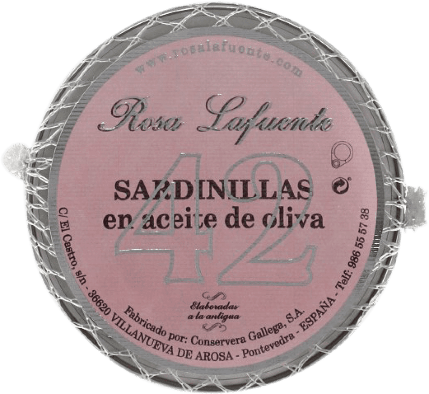 8,95 € Envio grátis | Conservas de Pescado Conservera Gallega Rosa Lafuente Sardinillas en Aceite de Oliva 42 Peças