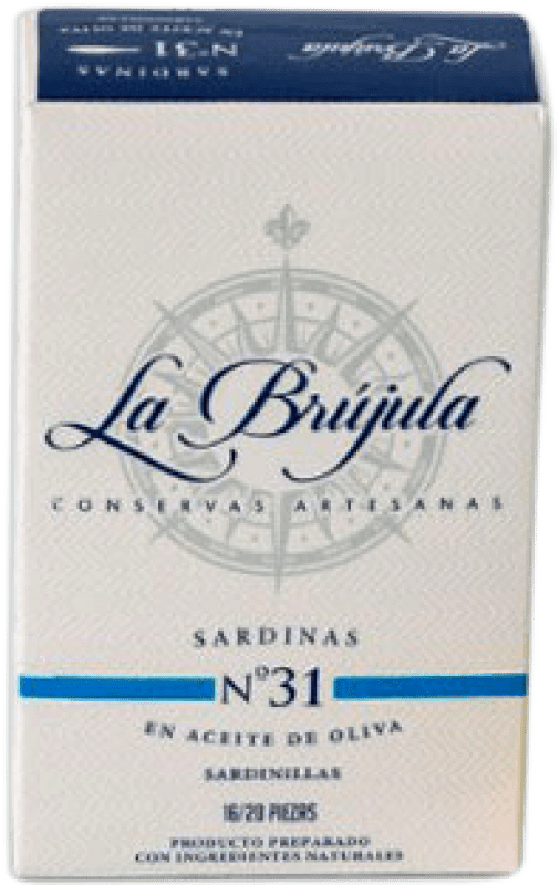 3,95 € Envio grátis | Conservas de Pescado La Brújula Sardinillas en Aceite de Oliva 15/20 Peças