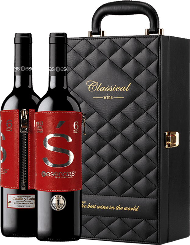59,95 € Envio grátis | Vinho Tinto Esencias Estuche Maletín de LUJO con 2 Exclusivos Vinos Etiqueta de Cuero y Set de 4 Accesorios Edição Limitada, Premium Crianza I.G.P. Vino de la Tierra de Castilla y León