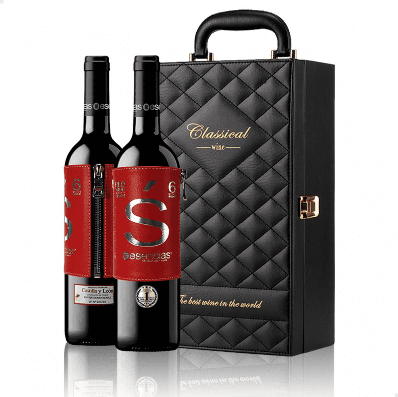 59,95 € | Red Wine Esencias Estuche Maletín de LUJO con 2 Exclusivos Vinos Etiqueta de Cuero y Set de 4 Accesorios Limited Edition, Premium Crianza — Aged I.G.P. Vino de la Tierra de Castilla y León Castilla y León Spain Tempranillo 75 cl