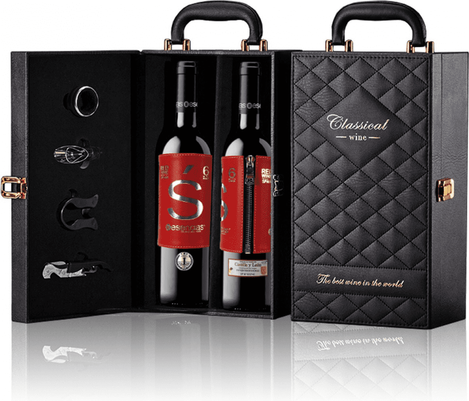 59,95 € | Red Wine Esencias Estuche Maletín de LUJO con 2 Exclusivos Vinos Etiqueta de Cuero y Set de 4 Accesorios Limited Edition, Premium Crianza — Aged I.G.P. Vino de la Tierra de Castilla y León Castilla y León Spain Tempranillo 75 cl