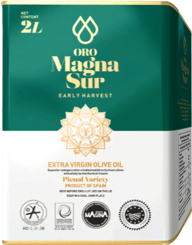 51,95 € | Оливковое масло Magnasur Oro — Золотая версия, Premium — Премиум, ЭВО Экстра Вирджин D.O. Sierra Mágina Jaén Испания Picual — Пикуаль Специальная банка 2 L