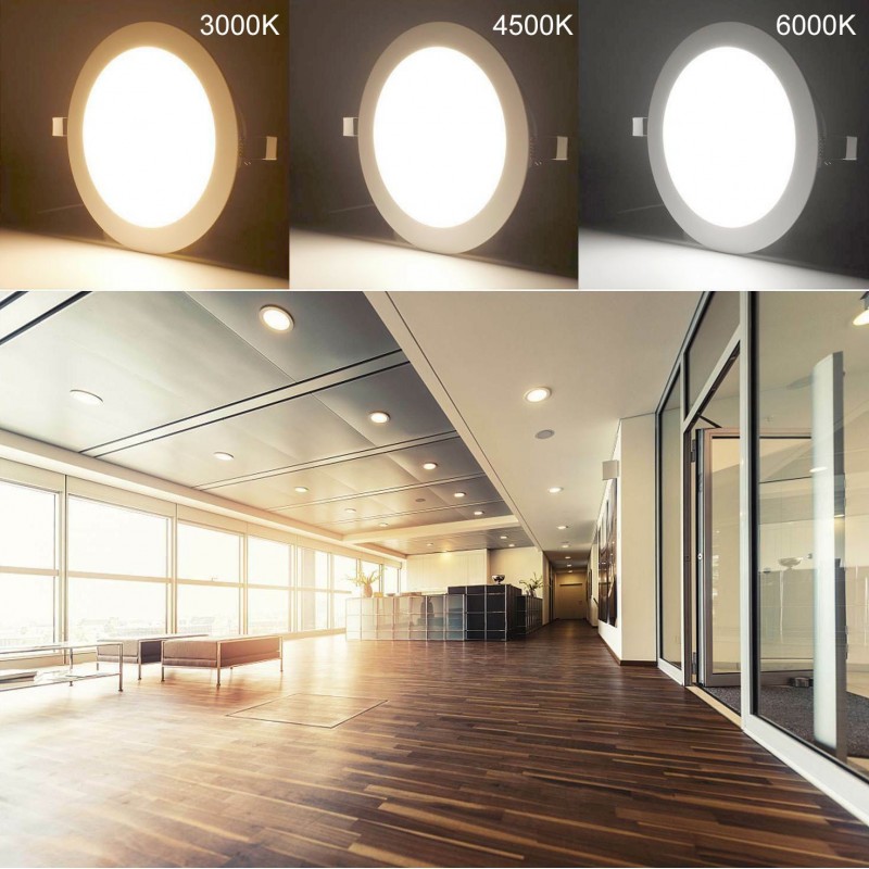 6,95 € Free Shipping | Recessed lighting 18W 3000K Warm light. Round Shape Ø 22 cm. Downlight LED projector + Driver included. Slimline Extra-flat LED Panel Kitchen, bathroom and office. Aluminum. White Color