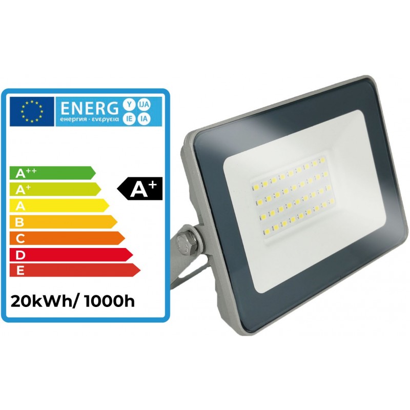 4,95 € Free Shipping | Flood and spotlight 20W 2700K Very warm light. Rectangular Shape 16×11 cm. PROLINE High brightness. EPISTAR 5730 SMD LED Chip Terrace and garden. Aluminum and tempered glass. Gray Color